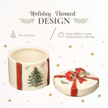 Spode Christmas Tree Gift Box Figurine, 4" Christmas Centerpiece with Red Ribbon & Gold Trim - Fine Earthenware for Holiday Home Decor, Festive Table Collectible & Winter (Small)