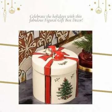 Spode Christmas Tree Gift Box Figurine, 4" Christmas Centerpiece with Red Ribbon & Gold Trim - Fine Earthenware for Holiday Home Decor, Festive Table Collectible & Winter (Small)