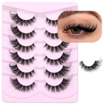 ALICROWN HAIR Fluffy Eyelashes Cat Eye Wispy Lashes with Clear Band Thick Volume False Eyelashes Natural Strip Mink Lashes Fluffy Long Fake Eye Lashes 6 Pairs, Black