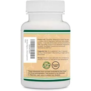 Magnesium Acetyl-Taurate (ATA MG, TauroMag) Novel and Patented Form of Magnesium for PMS and Cramp Relief (60 Capsules, 350mg) PMS Relief Magnesium Supplement by Double Wood Supplements