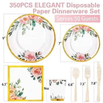 Gudvilla Floral Paper Plates Set for 50 Guests