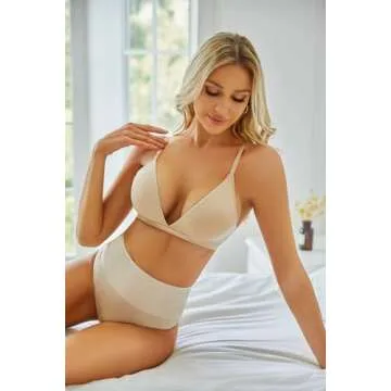 INIBUD Bralette for Women Triangle Cups Adjustable Straps Wireless Bra Deep V Neck Removable Padded Seamless(Black&Clay,L)