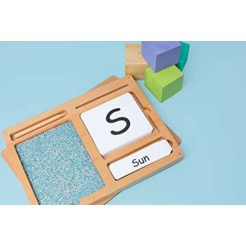 Montessori Sand Tray for Kids 3 4 5 6 Years Old Sand Writing Tray Learning Sensory Toy Educational Alphabet and Phonic Words Comes with Sand, Tray, Lid, 2 Sets of Flashcards, Stylus (Dark Blue)