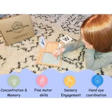 Montessori Sand Tray for Kids 3 4 5 6 Years Old Sand Writing Tray Learning Sensory Toy Educational Alphabet and Phonic Words Comes with Sand, Tray, Lid, 2 Sets of Flashcards, Stylus (Dark Blue)