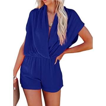 LYANER Women's Summer V Neck Wrap Ruched Front with Pockets Short Sleeve Romper Jumpsuit Royal Blue X-Small