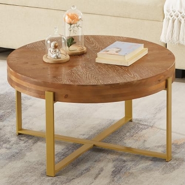 DS-HOMEPORT Round Wood Coffee Tables with Metal Leg, Farmhouse Circle Coffee Table for Living Room, ...