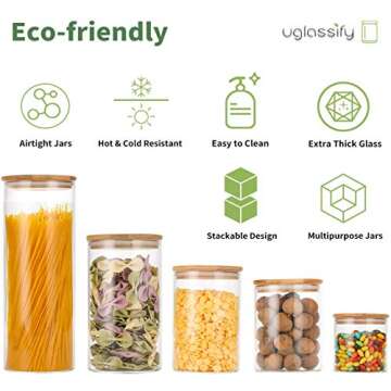 UGLASSIFY Glass Jars with Bamboo Lid Storage Containers - Bathroom Decor & Kitchen Pantry Storage Cookie Jars - Set of 5 Glass Spice Jars with Lid Home Décor Glass Jars Kitchen Décor Canisters