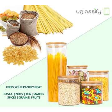 UGLASSIFY Glass Jars with Bamboo Lid Storage Containers - Bathroom Decor & Kitchen Pantry Storage Cookie Jars - Set of 5 Glass Spice Jars with Lid Home Décor Glass Jars Kitchen Décor Canisters