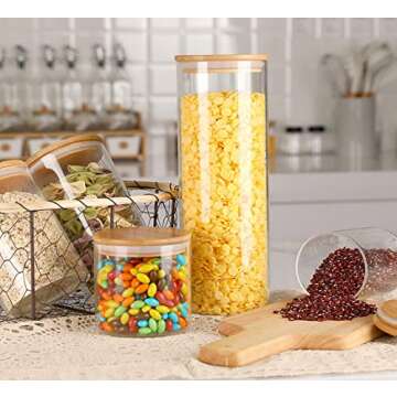 UGLASSIFY Glass Jars with Bamboo Lid Storage Containers - Bathroom Decor & Kitchen Pantry Storage Cookie Jars - Set of 5 Glass Spice Jars with Lid Home Décor Glass Jars Kitchen Décor Canisters
