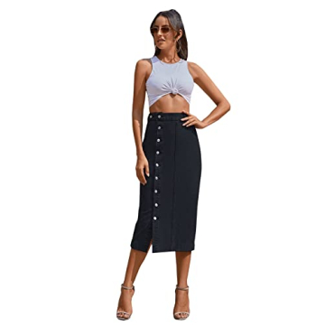 SweatyRocks Women's High Rise Button Front Jean Skirt - Versatile Denim Pencil Skirt in Black