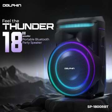 Dolphin NightWave 1800: 18" Portable Bluetooth Party Speaker – 100W RMS, Powerful 18" Woofer, LED Lights, WaveSync™, X-Bass, Rechargeable Battery, Bluetooth 5.1, 21" Tall – Perfect for Parties