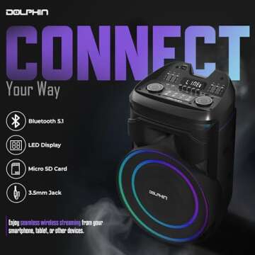 Dolphin NightWave 1800: 18" Portable Bluetooth Party Speaker – 100W RMS, Powerful 18" Woofer, LED Lights, WaveSync™, X-Bass, Rechargeable Battery, Bluetooth 5.1, 21" Tall – Perfect for Parties