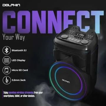 Dolphin NightWave 1800: 18" Portable Bluetooth Party Speaker – 100W RMS, Powerful 18" Woofer, LED Lights, WaveSync™, X-Bass, Rechargeable Battery, Bluetooth 5.1, 21" Tall – Perfect for Parties