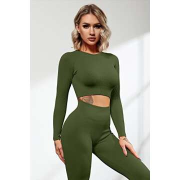 QINSEN Seamless Workout Outfits for Women 2 Piece Ribbed Long Sleeve Crop Top Tummy Control Leggings Sets (S, Army Green)