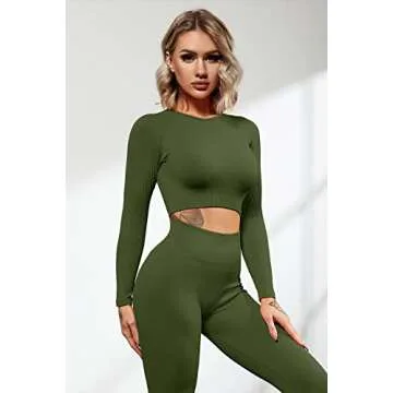 QINSEN Seamless Workout Outfits for Women 2 Piece Ribbed Long Sleeve Crop Top Tummy Control Leggings Sets (S, Army Green)
