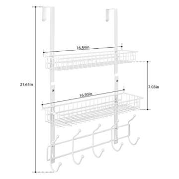 OYEAL Over The Door Hanger with 2 Mesh Baskets 5 Hooks, Detachable Storage Organizer Rack for Coats, Hats, Handbags,Towels, Easy Install Metal Hanging Hook Rack Shelf, White