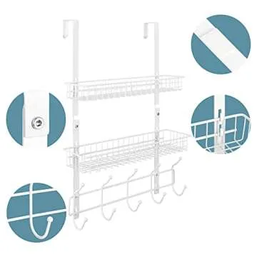 OYEAL Over The Door Hanger with 2 Mesh Baskets 5 Hooks, Detachable Storage Organizer Rack for Coats, Hats, Handbags,Towels, Easy Install Metal Hanging Hook Rack Shelf, White