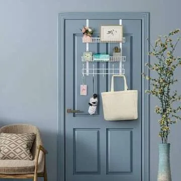 OYEAL Over The Door Hanger with 2 Mesh Baskets 5 Hooks, Detachable Storage Organizer Rack for Coats, Hats, Handbags,Towels, Easy Install Metal Hanging Hook Rack Shelf, White