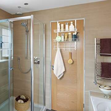 OYEAL Over The Door Hanger with 2 Mesh Baskets 5 Hooks, Detachable Storage Organizer Rack for Coats, Hats, Handbags,Towels, Easy Install Metal Hanging Hook Rack Shelf, White