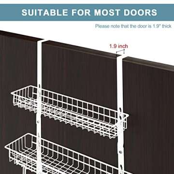 OYEAL Over The Door Hanger with 2 Mesh Baskets 5 Hooks, Detachable Storage Organizer Rack for Coats, Hats, Handbags,Towels, Easy Install Metal Hanging Hook Rack Shelf, White