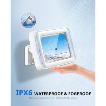 APPHOME Shower Phone Holder Waterproof with Speaker, Shower Phone Mount for Bathroom Bathtub Kitchen Wall Mirror, 100% Waterproof, Universal Compatibility for Smartphones up to 7 inches (White)