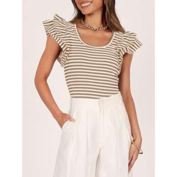 ZESICA Women's Ruffle Short Sleeve Striped T Shirts Summer Scoop Neck Slim Fitted Casual Basic Tee T...