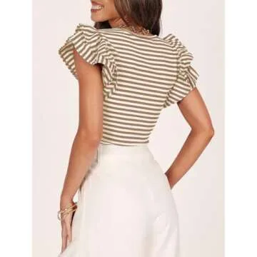 ZESICA Ruffle Sleeve Striped Casual Summer T-Shirt