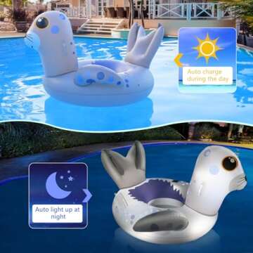 Inflatable Pool Floats Adult Sea Lion Swim Tube with Lights, Solar Powered 51 Inch Animal Pool Float...