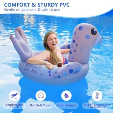 Inflatable Pool Floats Adult Sea Lion Swim Tube with Lights, Solar Powered 51 Inch Animal Pool Floats Swimming Pool Tubes, Beach Lake Floaties for Adults Water Relaxation with Cup Holder
