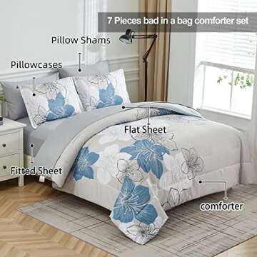 Luxudecor Floral Comforter Set Queen Size, Blue Floral Comforter and Sheet Set, 7 Pieces Bed in a Ba...