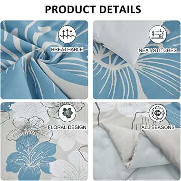 Luxudecor Floral Comforter Set Queen Size, Blue Floral Comforter and Sheet Set, 7 Pieces Bed in a Bag Soft Microfiber Complete Bedding Sets for All Seasons 90"×90"