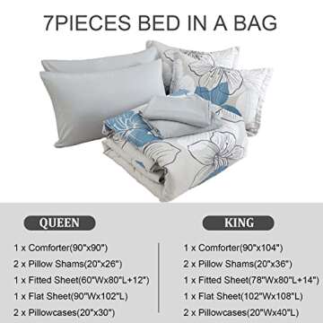 Luxudecor Floral Comforter Set Queen Size, Blue Floral Comforter and Sheet Set, 7 Pieces Bed in a Bag Soft Microfiber Complete Bedding Sets for All Seasons 90"×90"