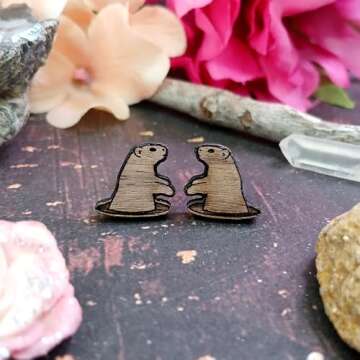 Groundhog Day Wood Stud Earrings with Hypoallergenic Nickel Free Posts - Prairie Dog Groundhog in Hole Shadow Prediction Woodchuck
