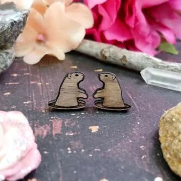 Groundhog Day Wood Stud Earrings with Hypoallergenic Nickel Free Posts - Prairie Dog Groundhog in Hole Shadow Prediction Woodchuck