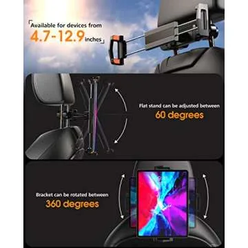 KEUASX iPad Holder for Car Backseat, Tablet iPad Holder for Car Mount Headrest Travel Portable Car Tablet Holder Mount Suitable for 4.7-12.9" Devices, Black Headrest Rod Tablet Holder Mount
