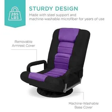 Best Choice Products Swivel Gaming Chair 360 Degree Multipurpose Floor Chair Rocker for TV, Reading, Playing Video Games w/Lumbar Support, Armrest Handles, Adjustable Backrest - Black/Purple