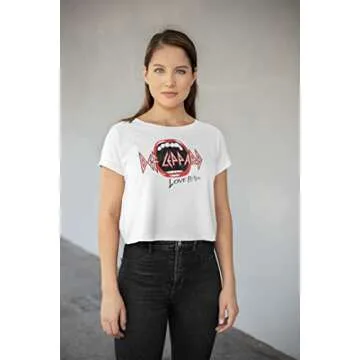 American Classics Def Leppard Rock Band Love Bites Mouth Ladies Short Sleeve Festival Cali Crop Top Graphic T-Shirt, White, Medium