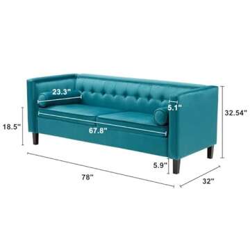 Dreamsir 78'' W Velvet Sofa, Mid-Century Love Seats Sofa Furniture with Bolster Pillows, Button Tufted Couch for Living Room, Tool-Free Assembly (Sofa, Peacock Blue)