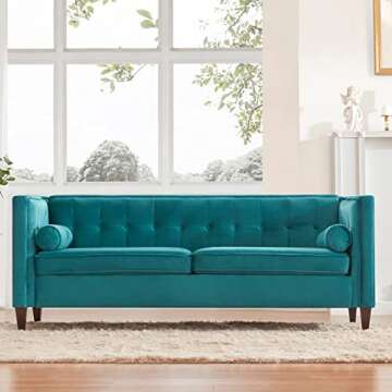 Dreamsir 78'' W Velvet Sofa, Mid-Century Love Seats Sofa Furniture with Bolster Pillows, Button Tufted Couch for Living Room, Tool-Free Assembly (Sofa, Peacock Blue)