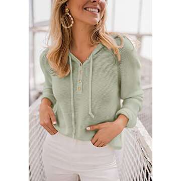 Angashion Women's Pullover Sweater Hoodies Casual Button Up V Neck Knitted Long Sleeve Hooded Sweaters Henley Tops Light Green Large