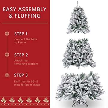 Snow Flocked Artificial Holiday Christmas Pine Tree for Home, Office, Party Decoration w/ 250 Warm White Lights, Metal Hinges & Base, 6.5ft Christmas Snow Tree