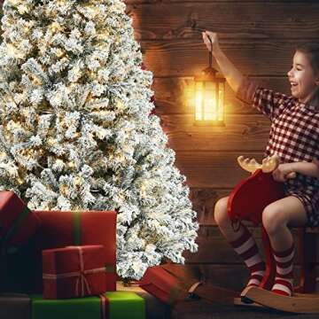 Snow Flocked Artificial Holiday Christmas Pine Tree for Home, Office, Party Decoration w/ 250 Warm White Lights, Metal Hinges & Base, 6.5ft Christmas Snow Tree
