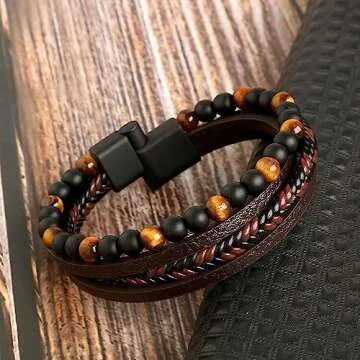 DIOWUS Natural Agate Stone Leather Beaded Bracelets, Volcanicx Wellness & Relief Bracelet, Volcanicx Menopause Magtherapy Bracelet Humanic+ Maxhematie Lymph Detox Slimming Jewelry Gift For Men Women