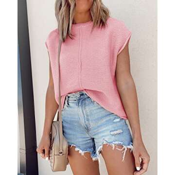 Saodimallsu Womens Cap Sleeve Crew Neck Tops Spring Cute Knit Lightweight Loose Sweaters Pullover Top Pink