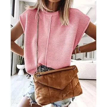 Saodimallsu Womens Cap Sleeve Crew Neck Tops Spring Cute Knit Lightweight Loose Sweaters Pullover Top Pink