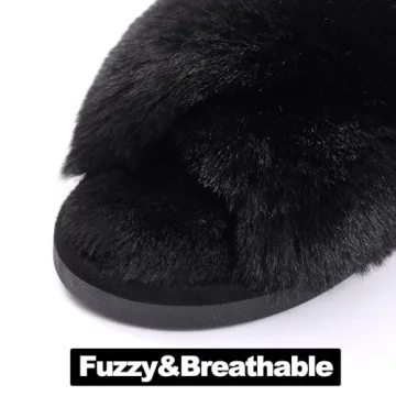 Evshine Women’s Fuzzy Slippers Open Toe Cross Band Comfort