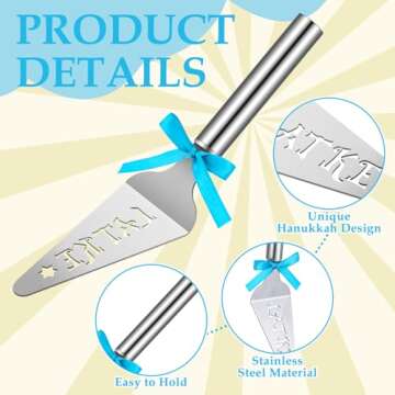 Teenyyou 3 Pcs Hanukkah Gift Stainless Steel Latke Server Chanukah Spatula Jewish New Year Cooking Pie Server with Blue Ribbons for Hostesses Hanukkah Home Kitchen Table Decoration