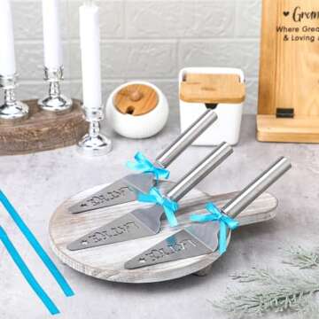 Teenyyou 3 Pcs Hanukkah Gift Stainless Steel Latke Server Chanukah Spatula Jewish New Year Cooking Pie Server with Blue Ribbons for Hostesses Hanukkah Home Kitchen Table Decoration