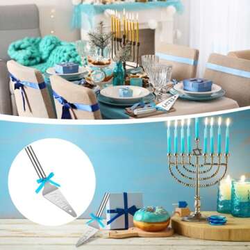 Teenyyou 3 Pcs Hanukkah Gift Stainless Steel Latke Server Chanukah Spatula Jewish New Year Cooking Pie Server with Blue Ribbons for Hostesses Hanukkah Home Kitchen Table Decoration