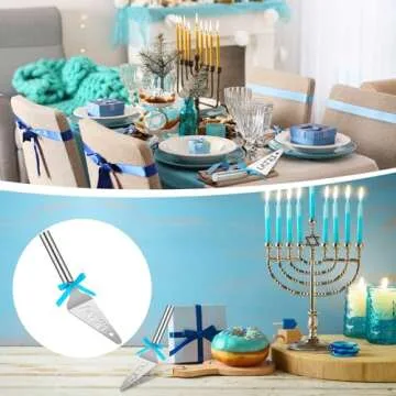 Teenyyou 3 Pcs Hanukkah Gift Stainless Steel Latke Server Chanukah Spatula Jewish New Year Cooking Pie Server with Blue Ribbons for Hostesses Hanukkah Home Kitchen Table Decoration